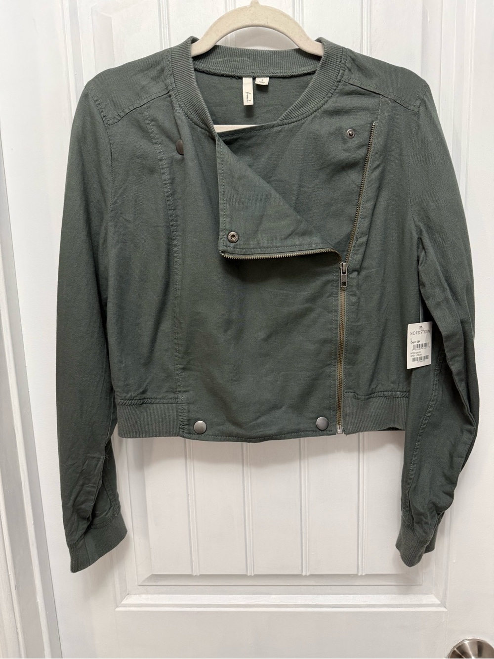 NWT Frenchi Womens Green Cotton Twill Moto Jacket Zip Snap Sz L (7-3)